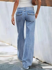Light wash denim wide-leg jeans with button fly and dual flap back pockets.