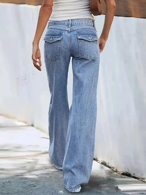 Light wash denim wide-leg jeans with button fly and dual flap back pockets.