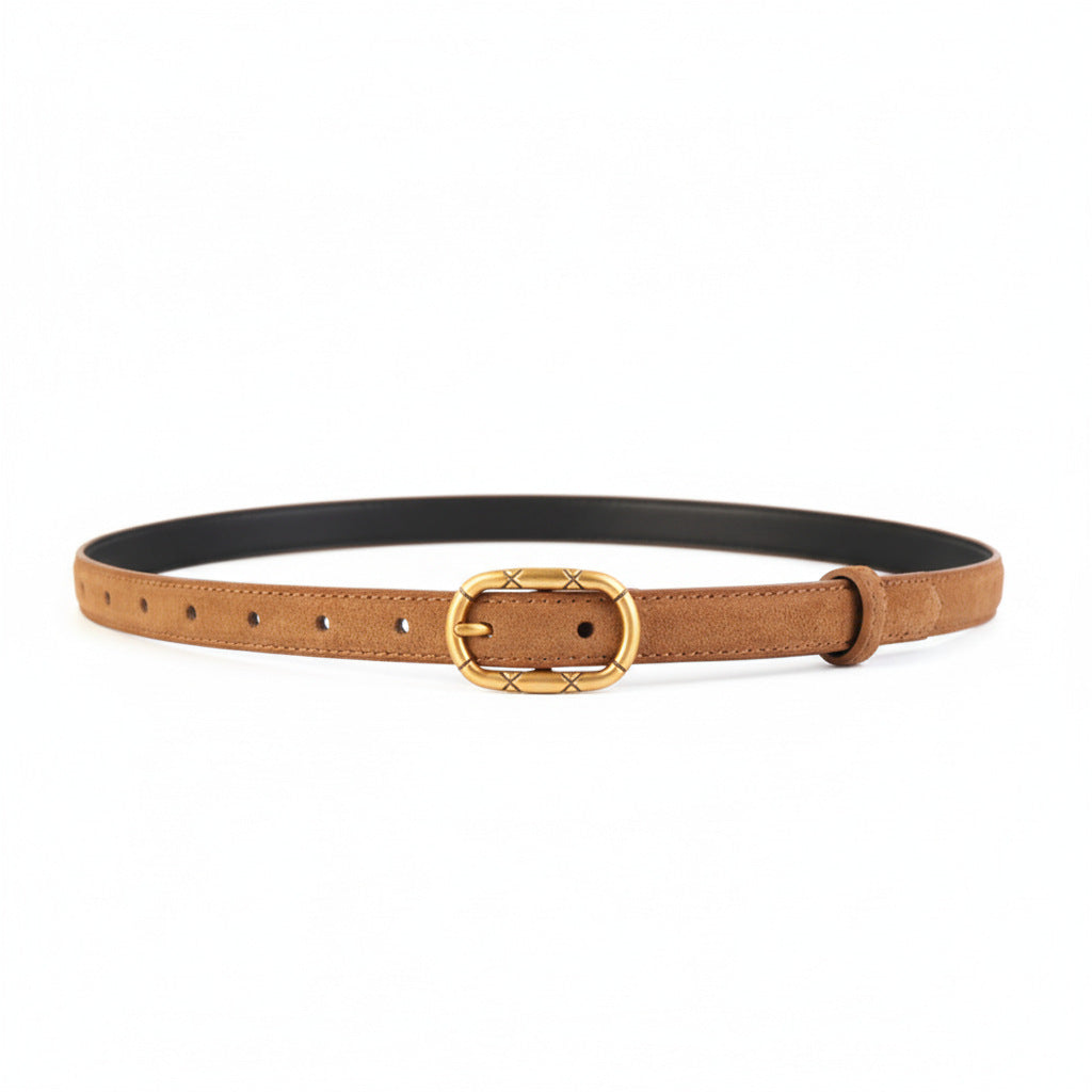 Brown cowhide leather belt with ornate golden buckle and adjustable holes.