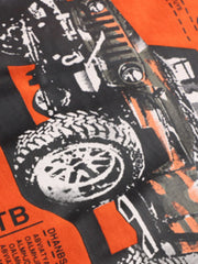 Orange cotton graphic tee with off-road vehicle print, crew neck, short sleeves.