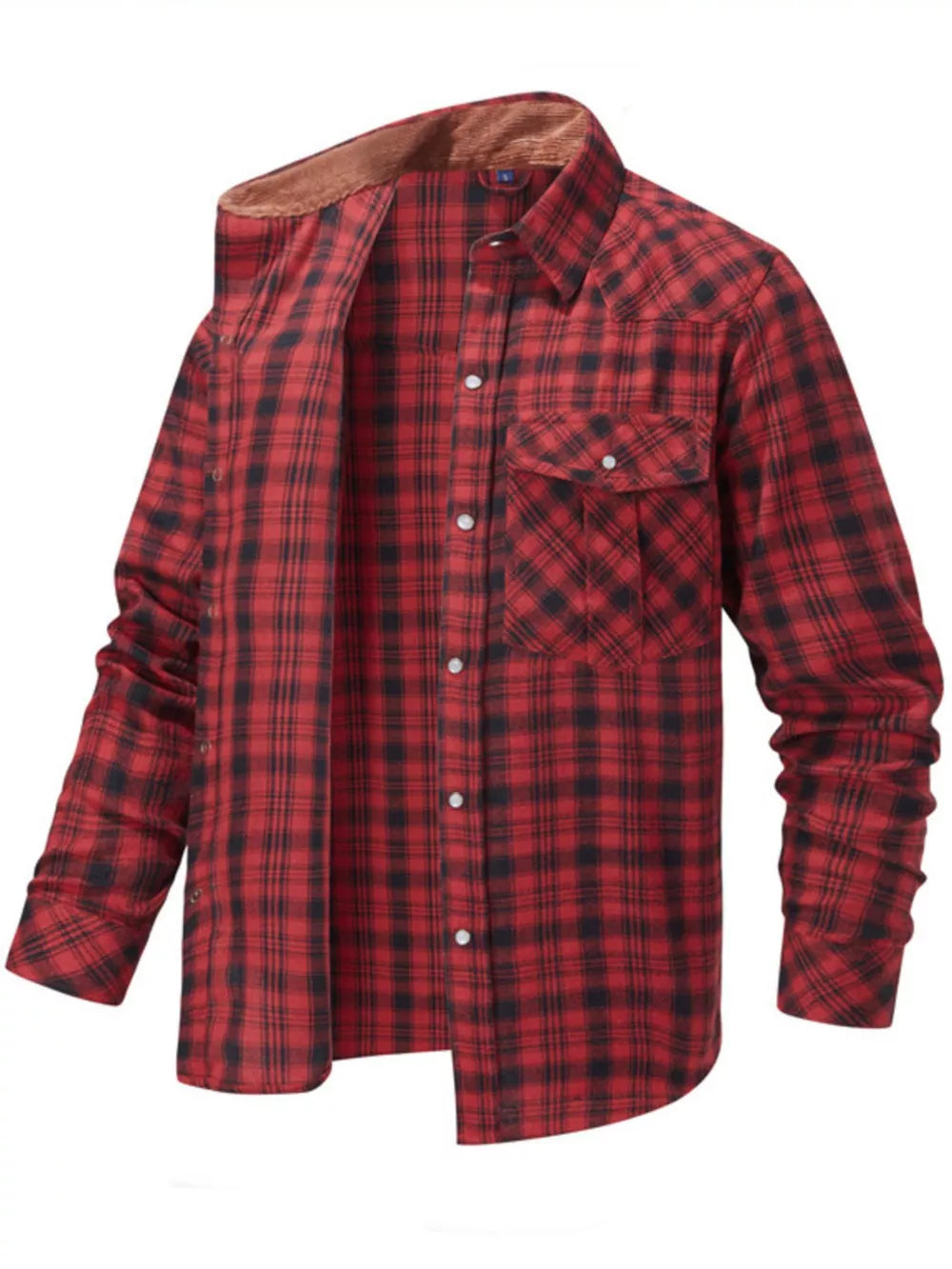 Red plaid cotton button-up shirt with chest pockets and sherpa collar detail.