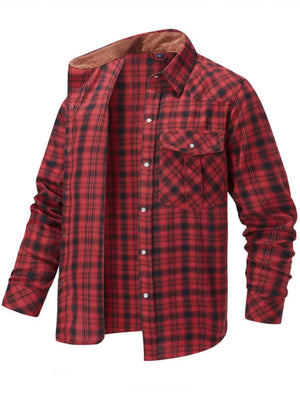 Red plaid cotton button-up shirt with chest pockets and sherpa collar detail.