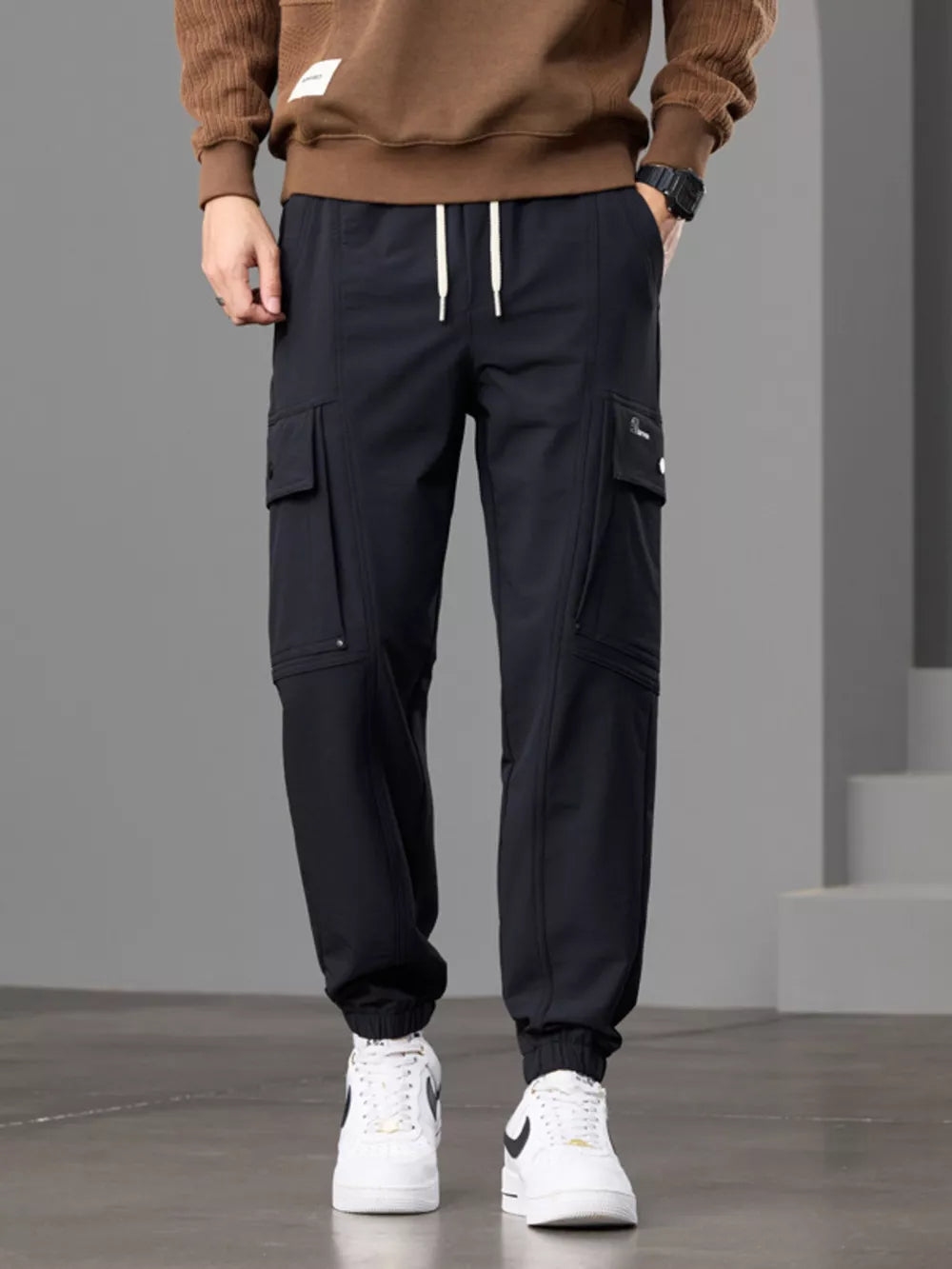 Men S Casual Cargo Pants With Drawstring Waist in Khaki, back view