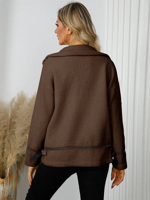 Chocolate teddy-textured jacket with leatherette trim and buckle detail