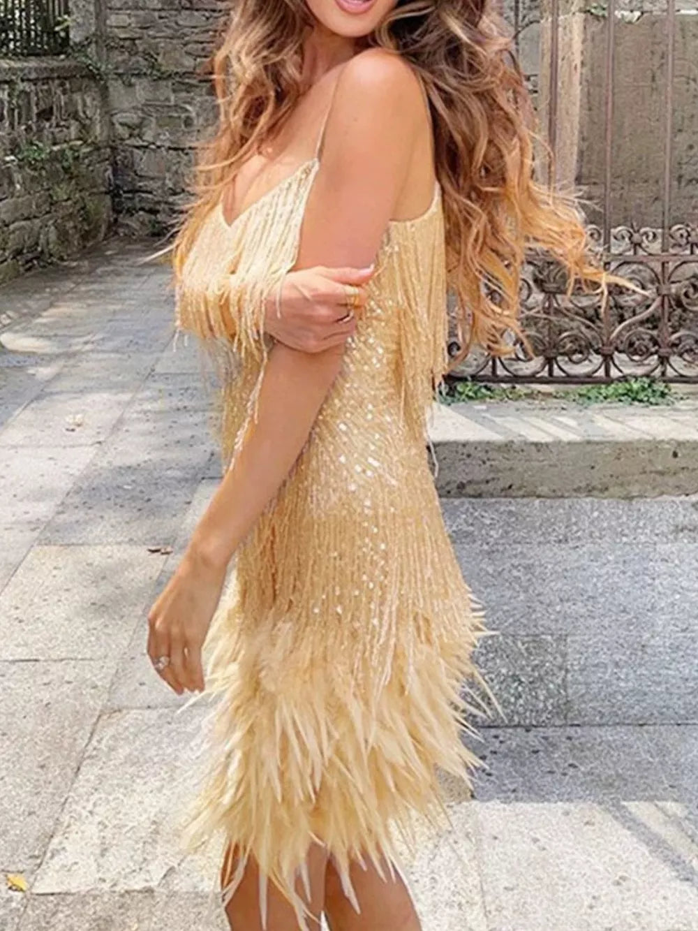 Sequined Feather Fringe Mini Dress