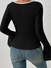 Black ribbed flare sleeve top with contrast trim neckline.