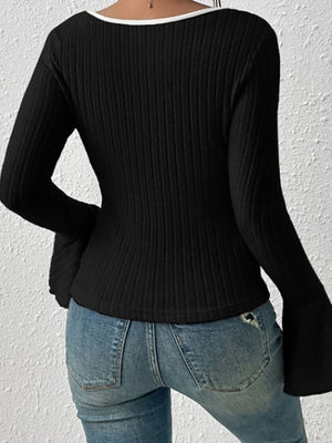 Black ribbed flare sleeve top with contrast trim neckline.