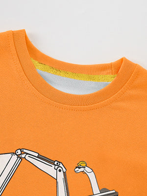 Orange toddler t-shirt with excavator graphic and yellow striped neckline detail.