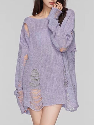 Lilac ripped knit oversized beach pullover with boat neck and distressed details.