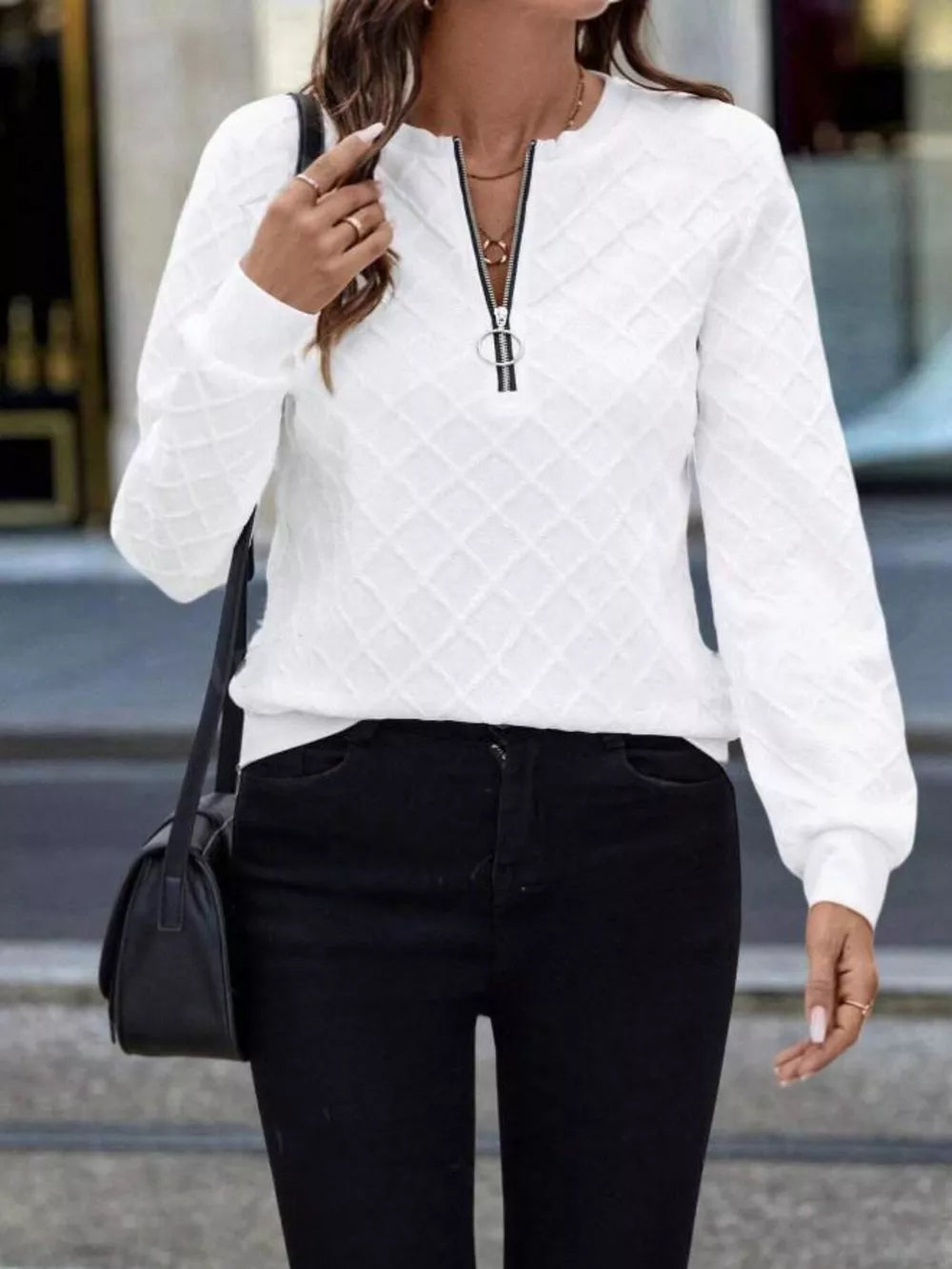 Textured Quarter-zip Sweatshirt in Pink, front view