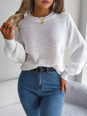 White ribbed yoke knit sweater with balloon sleeves and crew neck.