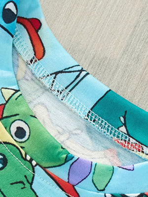 Toddler blue dinosaur print t-shirt with crew neck detail.
