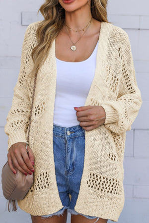 Beige open-knit slouch cardigan with airy diamond pattern, acrylic material.