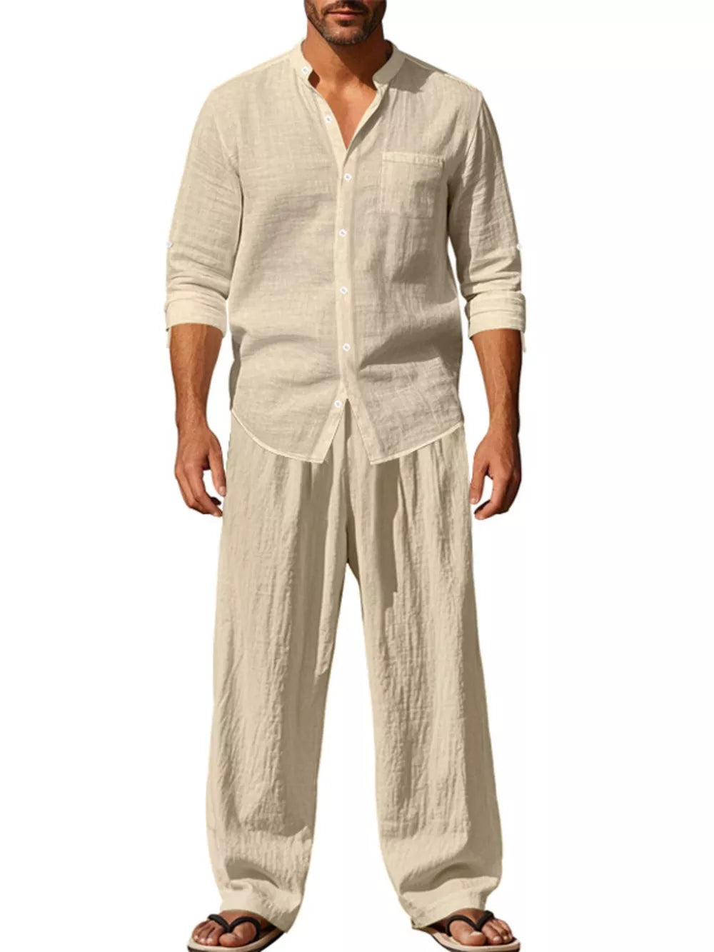 Men's Khaki Linen Blend Casual Two-piece Set with band collar shirt and wide leg pants