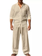 Men's Khaki Linen Blend Casual Two-piece Set with band collar shirt and wide leg pants