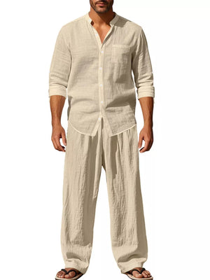 Men's Khaki Linen Blend Casual Two-piece Set with band collar shirt and wide leg pants