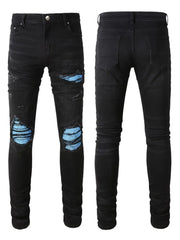 Black distressed denim jeans with azure underlay detail