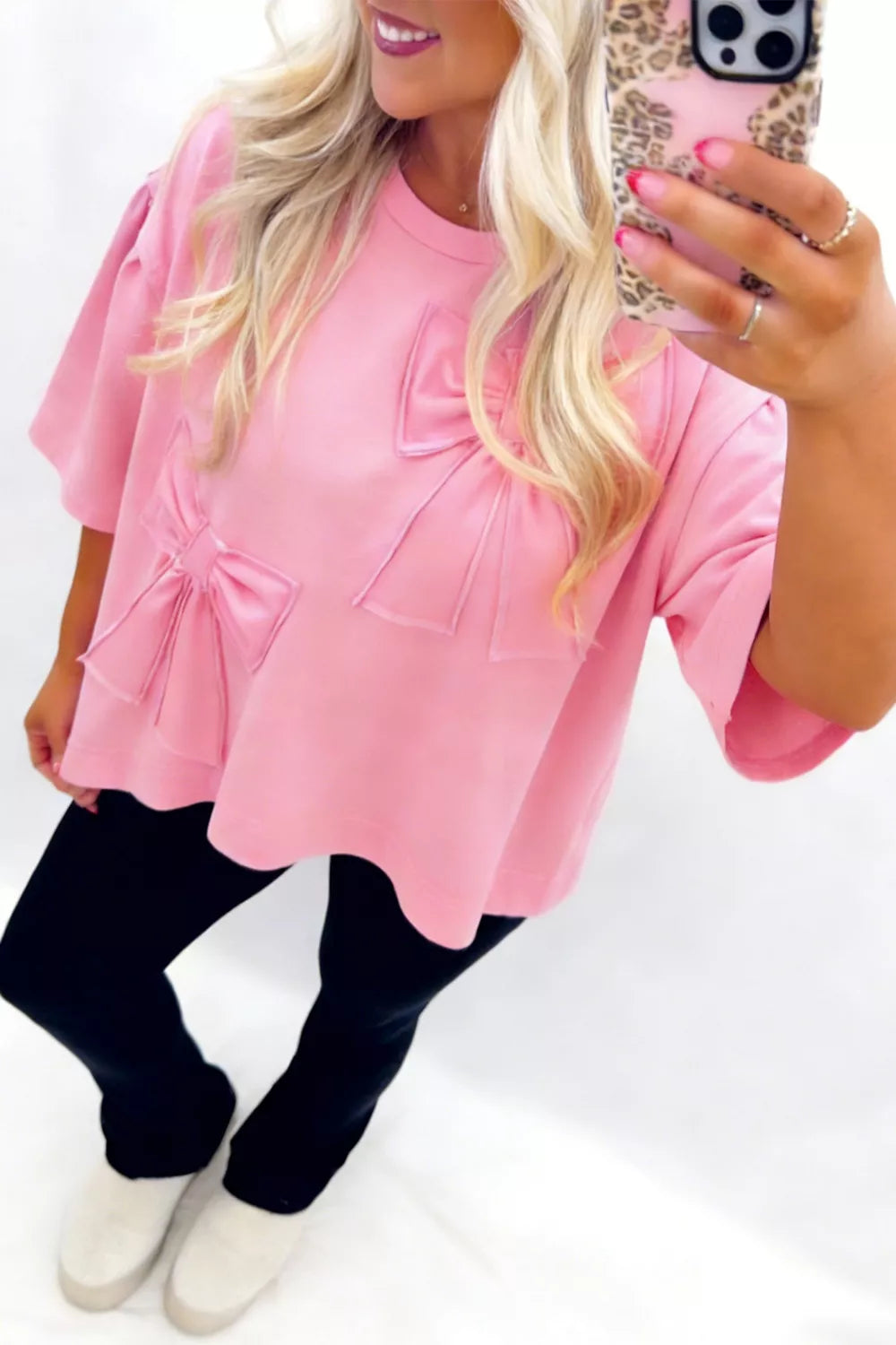Solid Color Raw Edge Bow Patch Loose T Shirt in Pink, side view