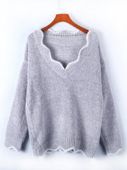 Scalloped trim V-neck sweater in Cloudy Blue acrylic with fuzzy texture.