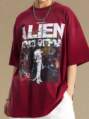 Burgundy oversized tee with a graphic print of the word ALIEN and a detailed alien creature.