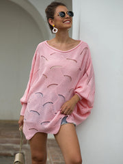 Pink scalloped knit sweater with boat neck and balloon sleeves