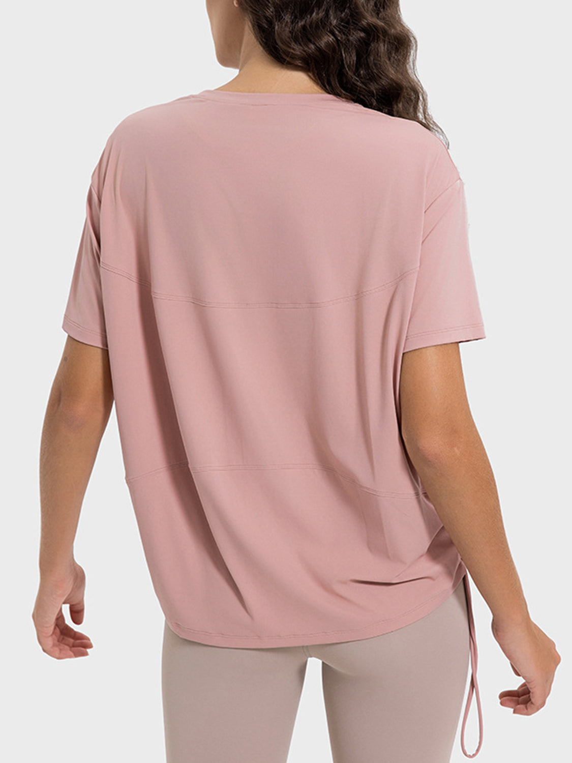 Dusty Pink jersey t-shirt with side tie detail and horizontal seam accents