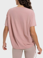 Dusty Pink jersey t-shirt with side tie detail and horizontal seam accents