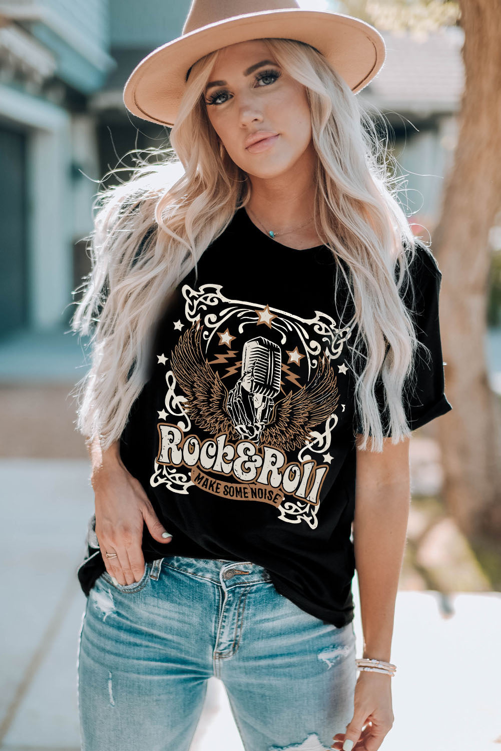 Black t-shirt with Rock & Roll graphic featuring a microphone and wings.