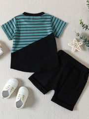 Striped baby t-shirt with black color block and matching black shorts.
