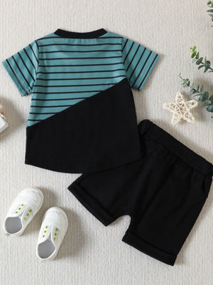 Striped baby t-shirt with black color block and matching black shorts.