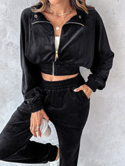 Black velvet crop tracksuit with zipper detail and elasticated waist