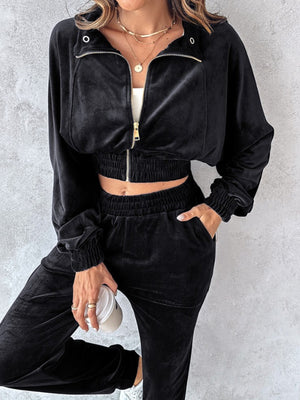 Black velvet crop tracksuit with zipper detail and elasticated waist