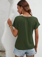 Moss green t-shirt with short sleeves and a draped knot front detail.