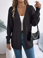 Black acrylic openwork cable knit long sleeve cardigan with open front