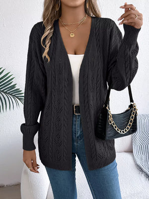 Black acrylic openwork cable knit long sleeve cardigan with open front