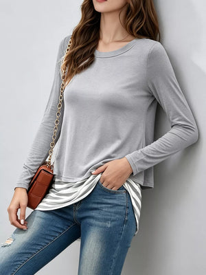 Layered Crew Neck Long Sleeve Striped T-shirt in Light Gray, fit detail