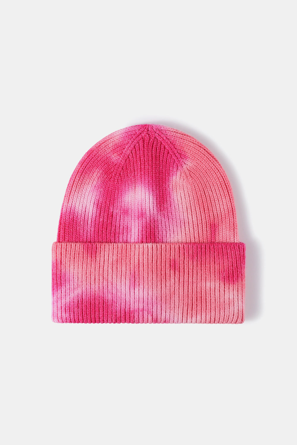 Ribbed knit beanie with pink and white tie-dye pattern