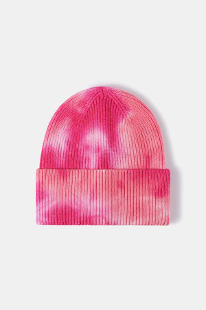 Ribbed knit beanie with pink and white tie-dye pattern