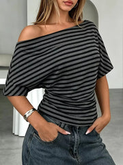 One Shoulder Striped Dolman Sleeve T-shirt in Gray, front view