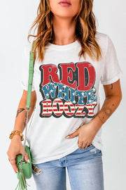White cotton crewneck tee with "Red White Boozy" patriotic graphic print