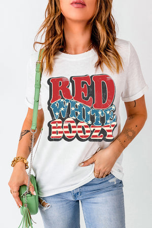 White cotton crewneck tee with "Red White Boozy" patriotic graphic print
