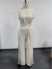 Sleeveless Wide-leg Jumpsuit With Smocked Waist in Apricot, close-up detail