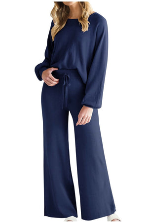 Dark Navy wide-leg lounge set with balloon sleeves and drawstring waist