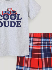 Boys' grey cotton tee with monster truck graphic and plaid shorts.
