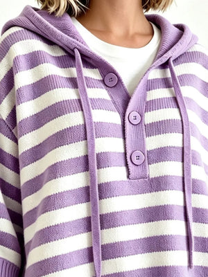 Striped Hooded Sweater With Button Detail in Blue, fit detail