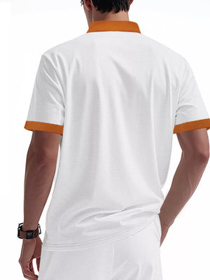 Men's white short sleeve tee with apricot collar and cuffs