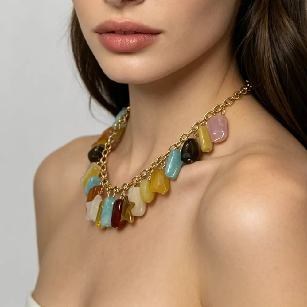 Bohemian Multi-color Gemstone 18k Gold-plated Necklace in Gold, close-up detail