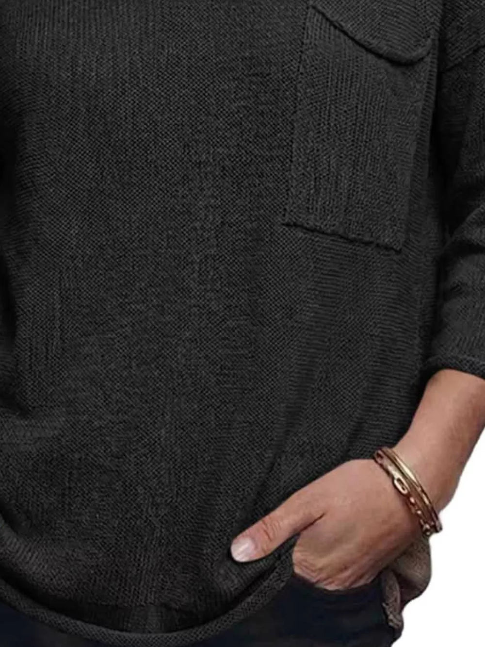 V-neck Chest Pocket Knit Top in Black, fabric detail