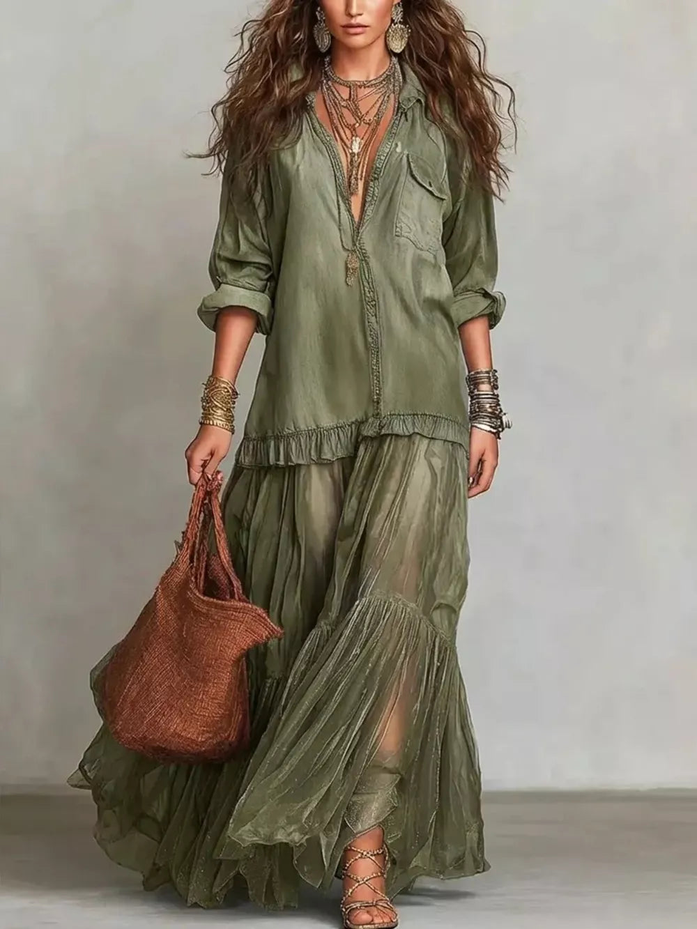 Sheer ruffle maxi dress in matcha green with buttoned detailing and long sleeves.