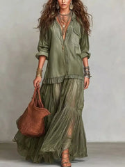 Sheer ruffle maxi dress in matcha green with buttoned detailing and long sleeves.